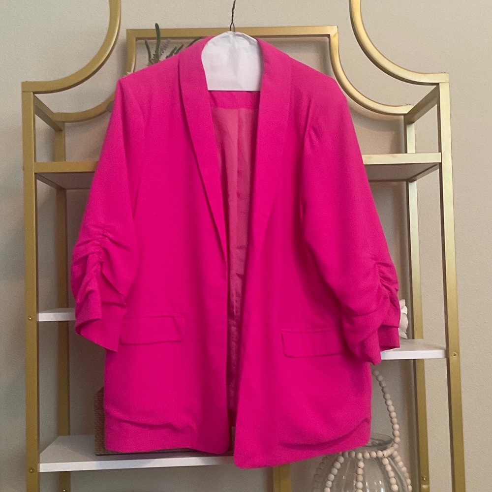 JODIFL Hot Pink Open Blazer with Ruched Sleeves
